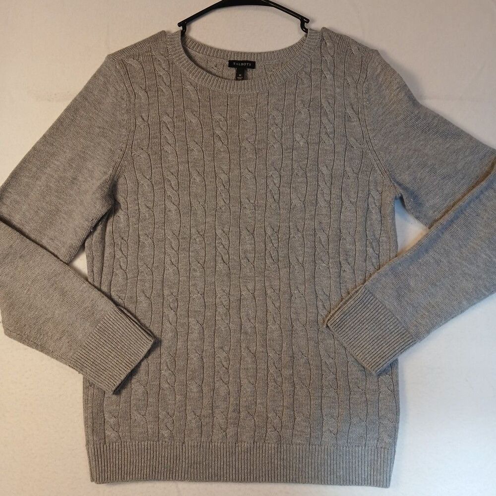 Talbots Cable Knit Sweater Gray Nylon Lambswool Long Sleeve Pullover Womens M